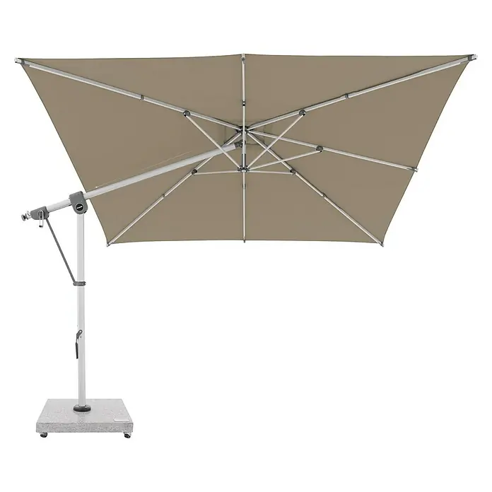 Doppler Expert Ampelschirm Expert - Sand, Bespannungsmaß (L x B): 300 x 300 cm - Beiger Freiarmschirm mit hellgrauem Gestell und quadratischem grauen Rollsockel.