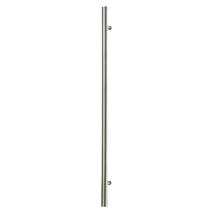 Aurelis Haustür BH 1011 - 110 x 210 cm, DIN Anschlag: Links, Eisengrau/Weiß - Länglicher, vertikaler Metall-Türgriff mit glänzender Silberoberfläche.