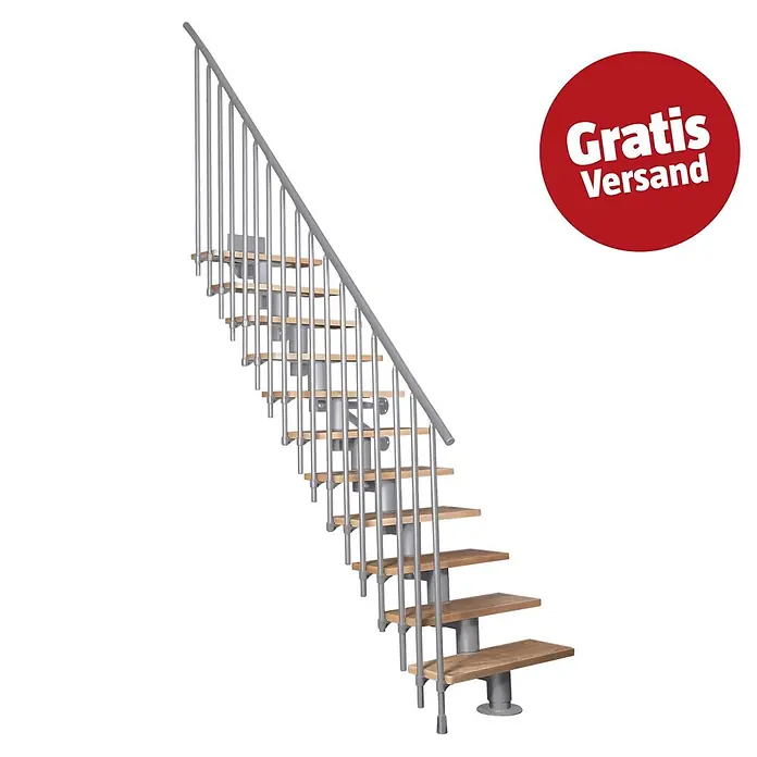 Atrium Mittelholmtreppe Dixi Vertical - Farbton Metall: RAL 9006, Breite: 80 cm, Buche, Gerade, Geschosshöhe: 222 cm - 300 cm - Moderne Raumspartreppe mit hellen Holzstufen und grauem Metallgeländer.