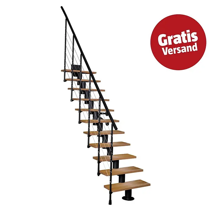 Atrium Mittelholmtreppe Dixi - Farbton Metall: RAL 9005, Breite: 80 cm, Buche, Gerade, Geschosshöhe: 222 cm - 300 cm - Kompakte Treppe mit Holzstufen, schwarzem Metallrahmen und Seilgeländer.