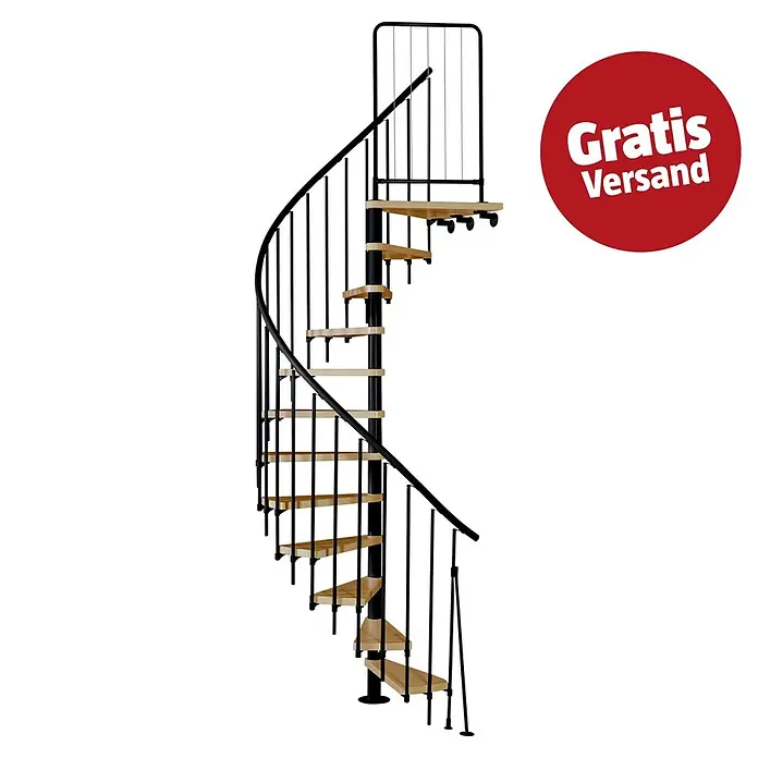 Atrium Spindeltreppe Novo - Farbton Metall: RAL 9005, Durchmesser: 140 cm, Buche, Geschosshöhe: 271,4 cm - 313,5 cm - Kompakte schwarze Metall-Wendeltreppe mit hellen Holzstufen.