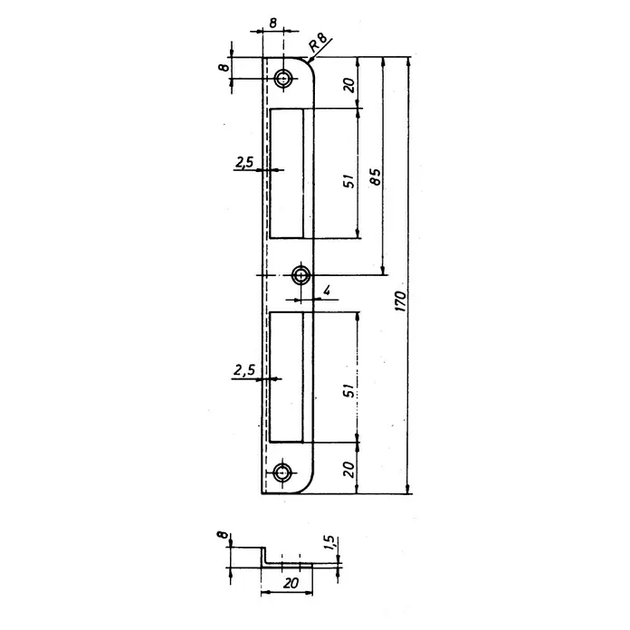 Stabilit Winkelblech - L x B x H: 170 x 20 x 8 mm, Stahl - Technische Zeichnung eines Türschlosses mit genauen Maßangaben für Design und Fertigung.