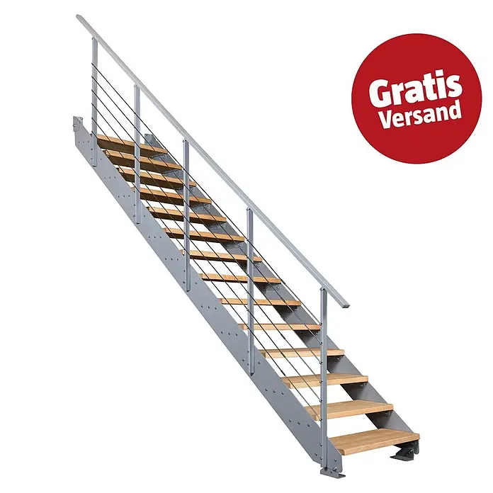 Atrium Wangentreppe Prosto Loft - Farbton Metall: RAL 9006, Breite: 80 cm, Buche, Geschosshöhe: 247,5 cm - 285 cm - Moderne Treppe mit hellen Holzstufen, grauem Metallrahmen und Edelstahlseilgeländer, mit rotem Kreis 'Gratis Versand'.