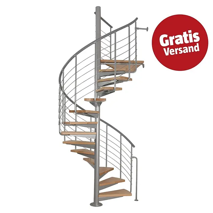 Atrium Spindeltreppe System - Farbton Metall: RAL 9006, Durchmesser: 168 cm, Buche, Geschosshöhe: 280 cm - 300 cm - Wendeltreppe mit Holzstufen und silbernem Metallrahmen und Geländer.