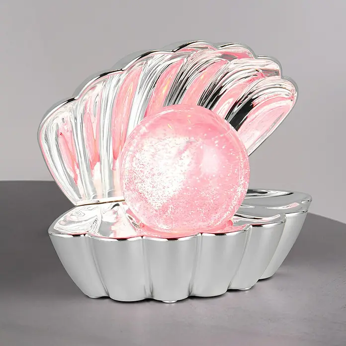 Trio Leuchten Deko-Tischleuchte Shelly - L x B x H: 12,5 x 17,5 x 14 cm, Silber - Silberne Muschellampe mit pinker Glitzerkugel.