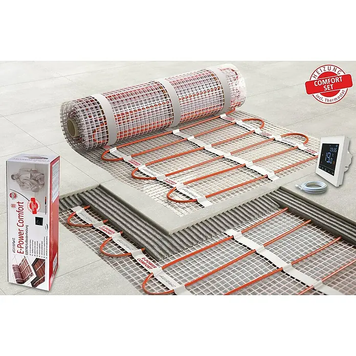 Admiral Fußbodenheizung E-Power Comfort/Set - 2 x 0,5 m, Beheizbare Fläche: 1 m², 150 W - Elektrische Fußbodenheizmatte zur Verlegung unter Fliesen ausgerollt, mit weißem Thermostat-Display.