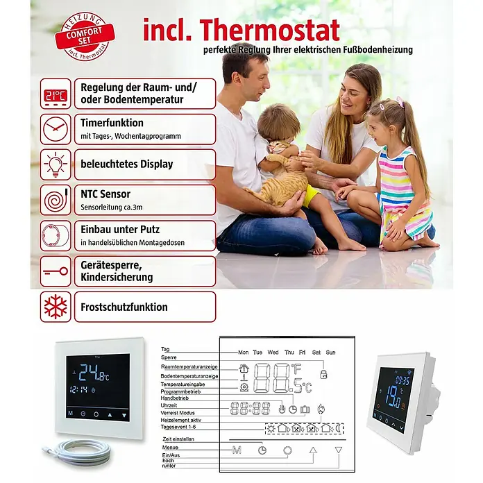 Admiral Fußbodenheizung E-Power Comfort/Set - 2 x 0,5 m, Beheizbare Fläche: 1 m², 150 W - Weißes digitales Thermostat mit beleuchtetem Display zur präzisen Regelung elektrischer Fußbodenheizung, mit Timer, Sensor und Sicherheitsfunktionen.