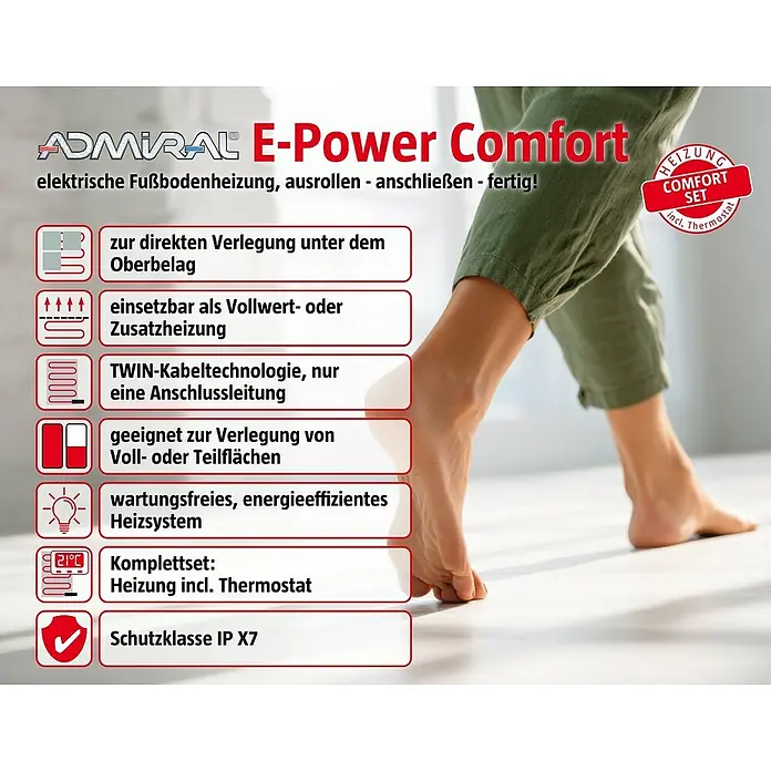 Admiral Fußbodenheizung E-Power Comfort/Set - 2 x 0,5 m, Beheizbare Fläche: 1 m², 150 W - ADMIRAL E-Power Comfort elektrische Fußbodenheizung. Einfache Verlegung, Komplettset mit Thermostat, IP X7 Schutz.