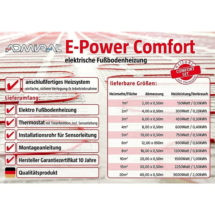 Admiral Fußbodenheizung E-Power Comfort/Set - 2 x 0,5 m, Beheizbare Fläche: 1 m², 150 W - ADMIRAL E-Power Comfort elektrische Fußbodenheizung, detaillierte Produktmerkmale, enthaltene Komponenten und verfügbare Größen mit Stromverbrauch.