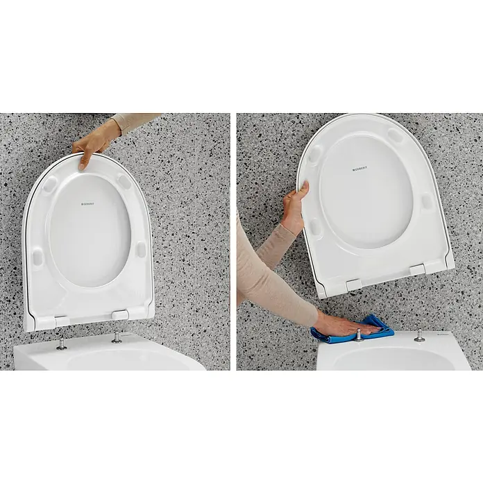 Geberit Renova Wand-WC-Set - Spülrandlos, WC Abgang: Waagerecht, Mit WC-Sitz - Weißer Geberit Toilettensitz zur gründlichen Reinigung vom Becken gehoben, eine Hand wischt die Basis ab.