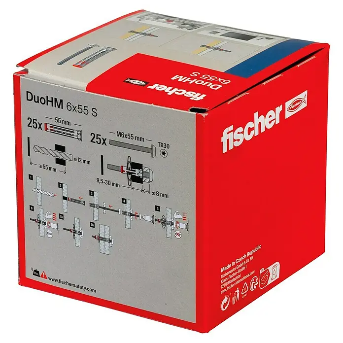 Fischer Hohlraumdübel DuoHM 6x55 S TX - Ø x L: 12 x 55 mm, Nylon, 25 Stk., M 6 - Rote und graue Fischer DuoHM 6x55 S Dübelpackung mit Montageanleitung.