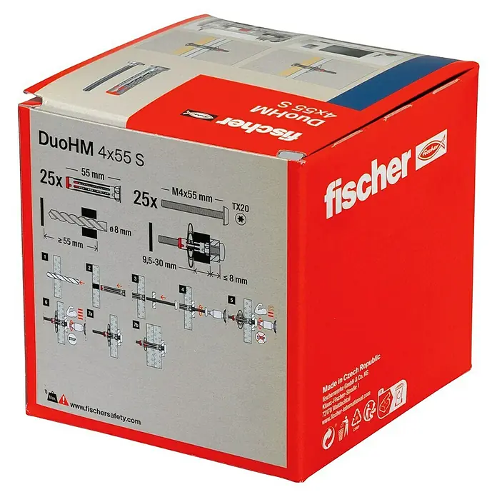 Fischer Hohlraumdübel DuoHM 4x55 S TX - Ø x L: 8 x 55 mm, Nylon, 25 Stk., M 4 - Rote und graue Schachtel Fischer DuoHM 4x55 S Dübel und Schrauben mit Montageanleitung.