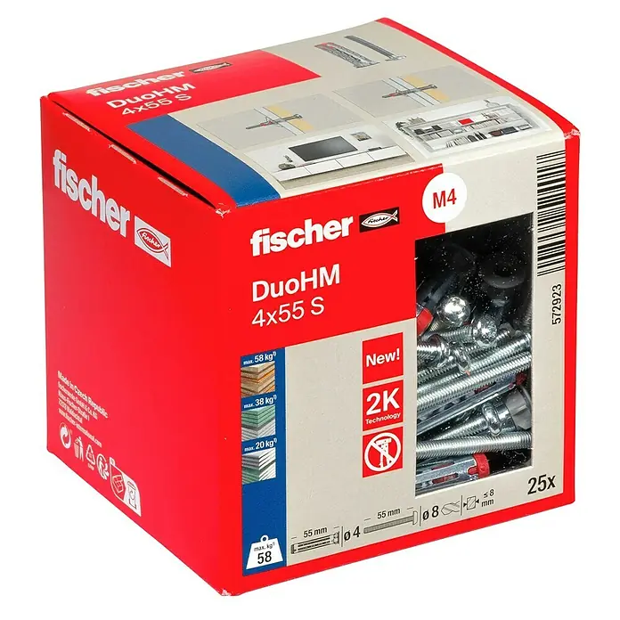 Fischer Hohlraumdübel DuoHM 4x55 S TX - Ø x L: 8 x 55 mm, Nylon, 25 Stk., M 4 - Rote fischer DuoHM 4x55 S Box mit 25 Dübeln und Schrauben für verschiedene Wandtypen, mit 2K-Technologie.