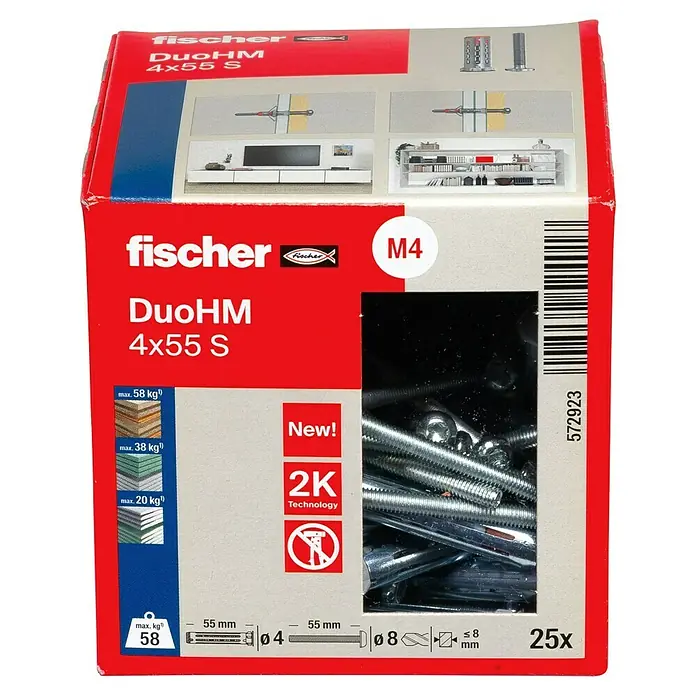 Fischer Hohlraumdübel DuoHM 4x55 S TX - Ø x L: 8 x 55 mm, Nylon, 25 Stk., M 4 - Rote und weiße fischer DuoHM 4x55 S Box mit Metallankern, M4, 25 Stück, und Traglastinfos bis 58 kg.