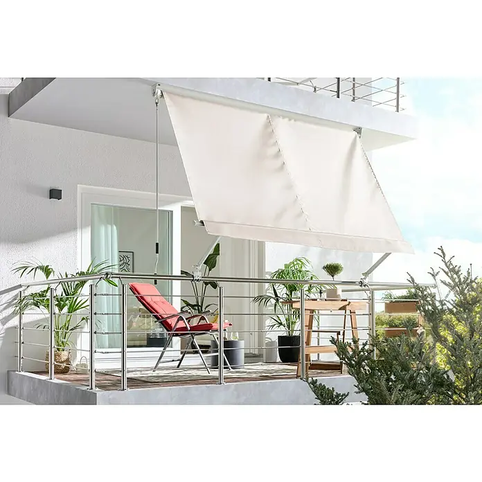 Sunfun Balkonverschattung / Balkonmarkise - Beige, Breite: 2,95 m, Ausfall: 2,45 m - Ausgefahrene cremefarbene Balkonmarkise spendet Schatten über einer modernen Balkoneinrichtung mit Möbeln und Pflanzen.