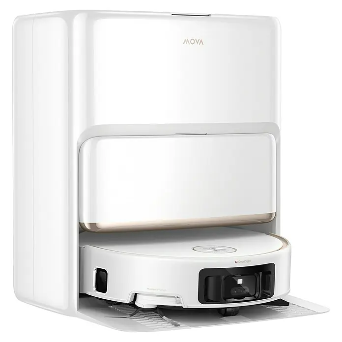 Mova Robot aspirador con mopa Z60 Ultra Roller Standalone - Potencia de aspiración: 26.000 Pa, Duración de la batería: 220 min, Capacidad del robot: 210 ml - Aspiradora robot blanca con su estación de carga.