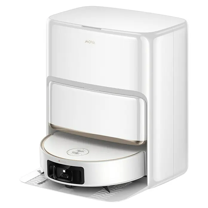 Mova Saugwischroboter Z60 Ultra Roller Standalone - Saugkraft: 26.000 Pa, Akkulaufzeit: 220 min, Fassungsvermögen Roboter: 210 ml - Eleganter weißer Saugroboter in seiner passenden Absaugstation, mit Frontkamerasensor.