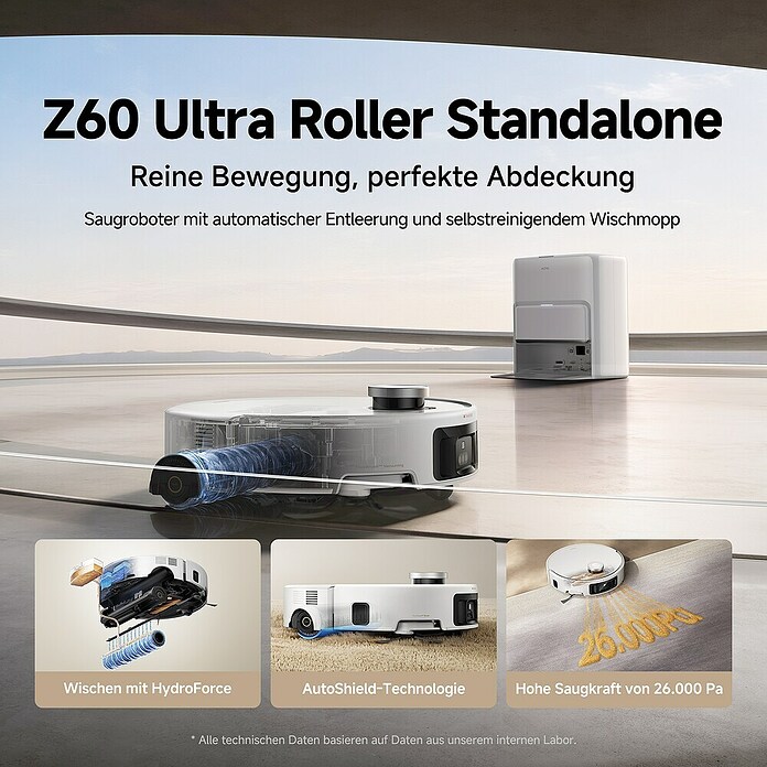 Mova Robot aspirador con mopa Z60 Ultra Roller Standalone (Potencia de aspiración: 26.000 Pa, Duración de la batería: 220 min, Capacidad del robot: 210 ml) | BAUHAUS