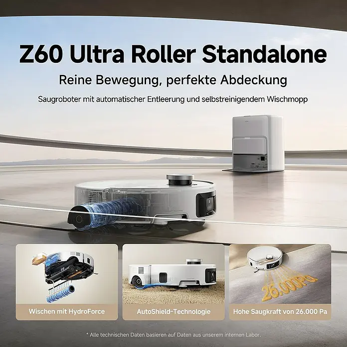Mova Saugwischroboter Z60 Ultra Roller Standalone - Saugkraft: 26.000 Pa, Akkulaufzeit: 220 min, Fassungsvermögen Roboter: 210 ml - Weißer Z60 Ultra Roller Standalone Saugroboter mit Station, zeigt automatische Entleerung, HydroForce Wischen und 26.000 Pa Saugleistung.