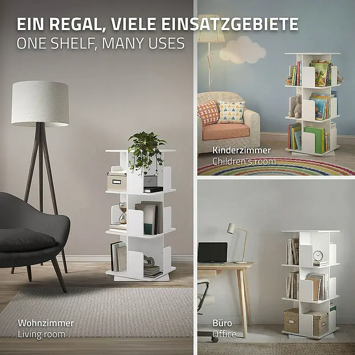 ML-Design Holzregal Spielzeugregal drehbar 360 Grad Regal Standregal freistehend Drehregal - Anzahl Böden: 3 Stk., Weiß