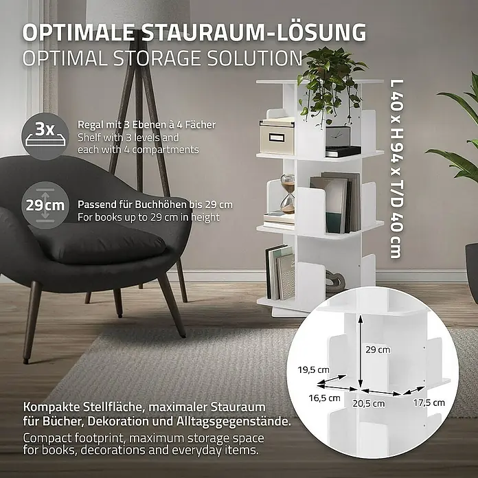 ML-Design Holzregal Spielzeugregal drehbar 360 Grad Regal Standregal freistehend Drehregal - Anzahl Böden: 3 Stk., Weiß
