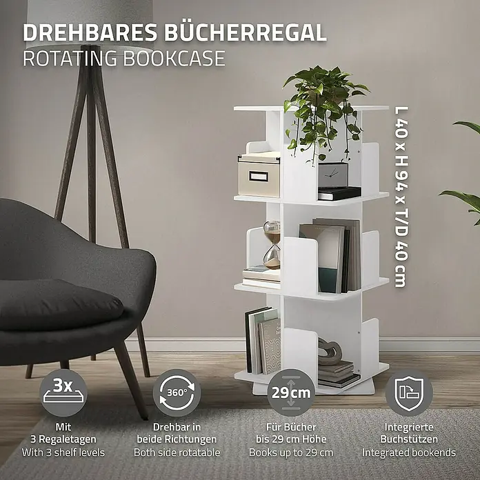 ML-Design Holzregal Spielzeugregal drehbar 360 Grad Regal Standregal freistehend Drehregal - Anzahl Böden: 3 Stk., Weiß