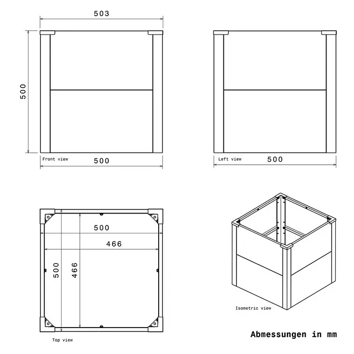Metzler Hochbeet - 50 x 50 x 50 cm, Stahl, Anthrazit - Technische Zeichnung eines quadratischen Pflanzkübels mit den Maßen 500x500x500mm, mit Vorder-, Seiten-, Ober- und isometrischer Ansicht.