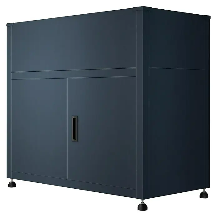Metzler Hochbeet mit Stauraum - 100 x 50 x 90 cm, Stahl, Anthrazit - Dunkelblauer Metall-Mehrzweckschrank mit zwei Türen und verstellbaren Füßen.