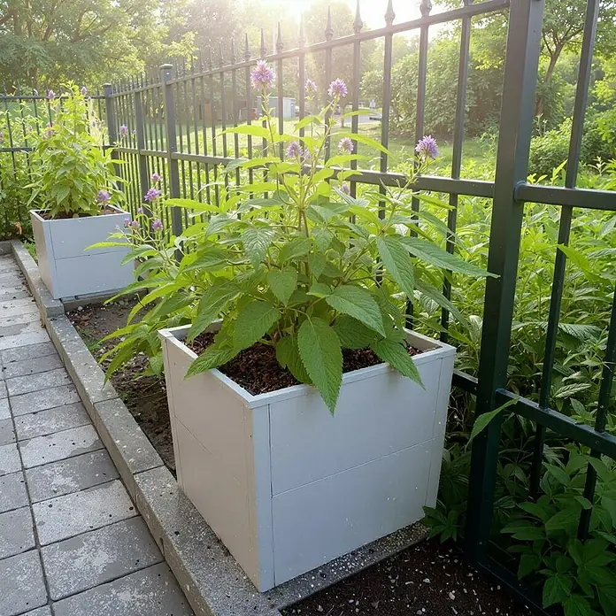 Metzler Hochbeet - 50 x 50 x 50 cm, Stahl, Grau - Hellgraue quadratische Pflanzgefäße mit lila blühenden Pflanzen stehen draußen an einem gepflasterten Weg neben einem Zaun.