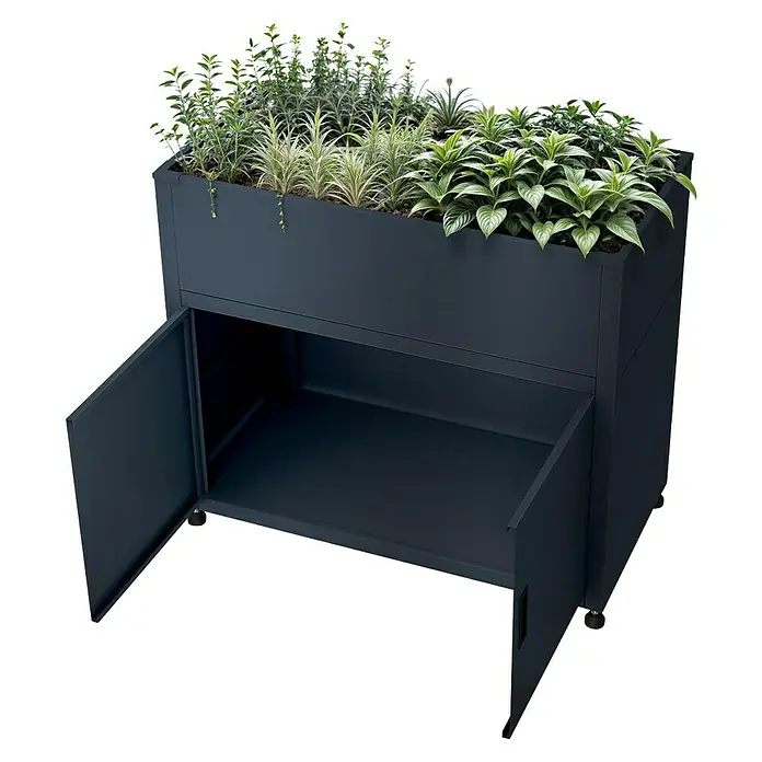 Metzler Hochbeet mit Stauraum - 100 x 50 x 90 cm, Stahl, Anthrazit - Dunkelgrauer Metall-Pflanzkasten mit verschiedenen Grünpflanzen und offenem Unterschrank.