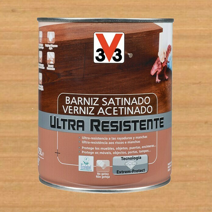 V33 Barniz para madera Satinado Ultra Resistente (Incoloro, Satinado, 250 ml)
