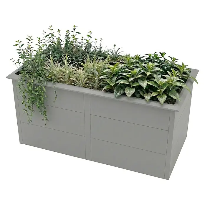 Metzler Hochbeet - 206 x 106 x 77 cm, Stahl, Grau - Hellgrauer rechteckiger Pflanzkasten gefüllt mit verschiedenen grünen Pflanzen, darunter rankende und aufrechte Sorten.
