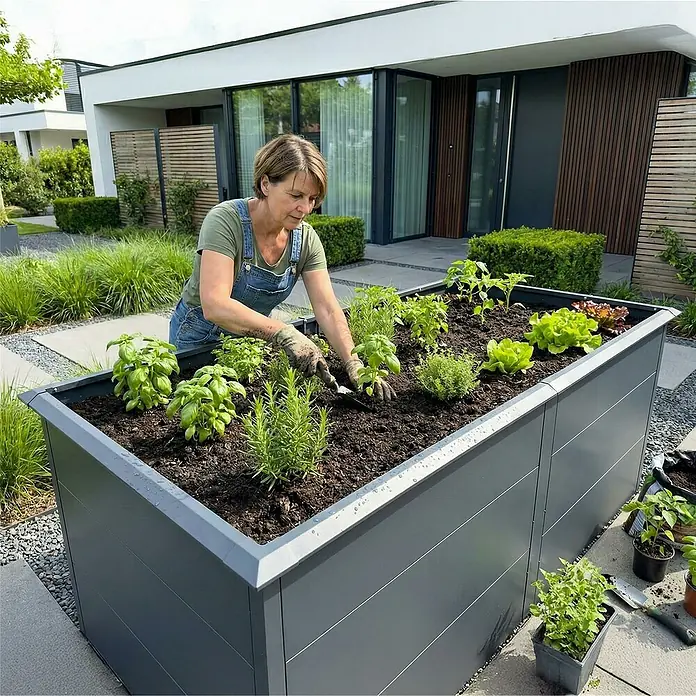 Metzler Hochbeet - 206 x 106 x 77 cm, Stahl, Anthrazit - Dunkelgraues Metall-Hochbeet, in dem eine Person Kräuter und Salat pflanzt.
