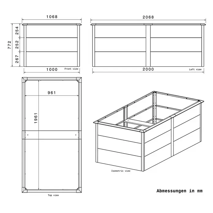 Metzler Hochbeet - 206 x 106 x 77 cm, Stahl, Anthrazit/Braun - Technische Zeichnung eines Hochbeets, 2000mm lang, 1000mm breit und 772mm hoch, mit Detailansichten und Maßen.
