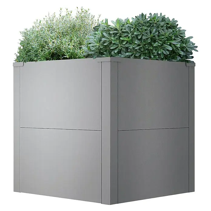 Metzler Hochbeet - 50 x 50 x 50 cm, Stahl, Grau - Hoher grauer quadratischer Pflanzkübel mit üppigen Grünpflanzen.