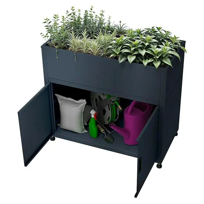 Metzler Hochbeet mit Stauraum - 100 x 50 x 90 cm, Stahl, Anthrazit - Dunkelgrauer Metall-Pflanzkasten mit integriertem Schrank für Pflanzen und Gartengeräte.