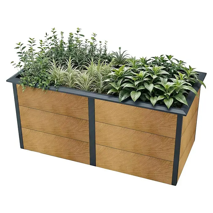 Metzler Hochbeet - 206 x 106 x 77 cm, Stahl, Anthrazit/Braun - Großer rechteckiger Pflanzkübel mit hellen Holzpaneelen und dunkelgrauem Rahmen, gefüllt mit grünen Pflanzen.