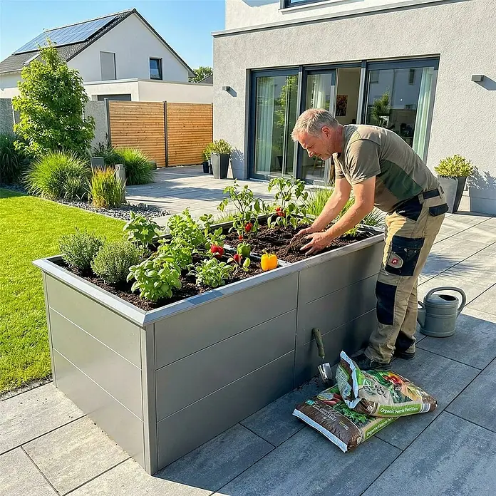 Metzler Hochbeet - 206 x 106 x 77 cm, Stahl, Grau - Mann pflanzt in einem großen, rechteckigen grauen Aluminium-Hochbeet mit Erde und Pflanzen.