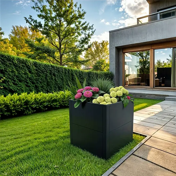 Metzler Hochbeet - 50 x 50 x 50 cm, Stahl, Anthrazit - Großer schwarzer quadratischer Pflanzkübel mit rosa und gelben Blumen sowie Grünpflanzen in einem modernen Garten.