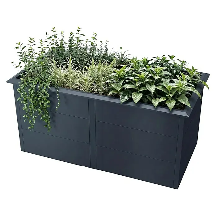 Metzler Hochbeet - 206 x 106 x 77 cm, Stahl, Anthrazit - Großer rechteckiger dunkelgrauer Pflanzkasten, gefüllt mit verschiedenen grünen Pflanzen.
