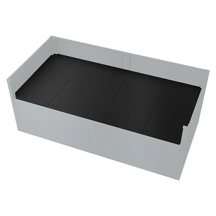 Metzler Zwischenboden - Passend für: Metzler Hochbeete (206 x 75 x 77 cm) - Weißes rechteckiges Bettgestell mit schwarzen oberen Platten.