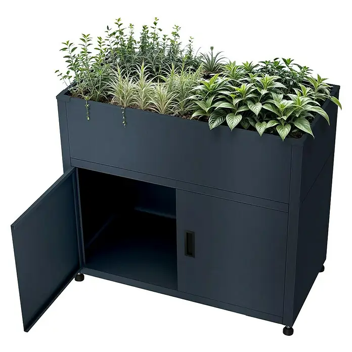 Metzler Hochbeet mit Stauraum - 100 x 50 x 90 cm, Stahl, Anthrazit - Dunkelgrauer Metall-Pflanzkasten mit verschiedenen Grünpflanzen oben und einem Unterschrank mit offener Tür, der ein Regal zeigt.
