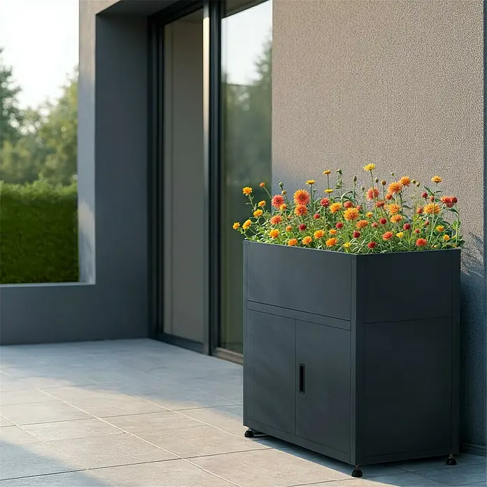 Metzler Hochbeet mit Stauraum - 100 x 50 x 90 cm, Stahl, Anthrazit - Anthrazitfarbener Pflanzkasten mit integriertem Schrank, gefüllt mit orangen/gelben Blumen.