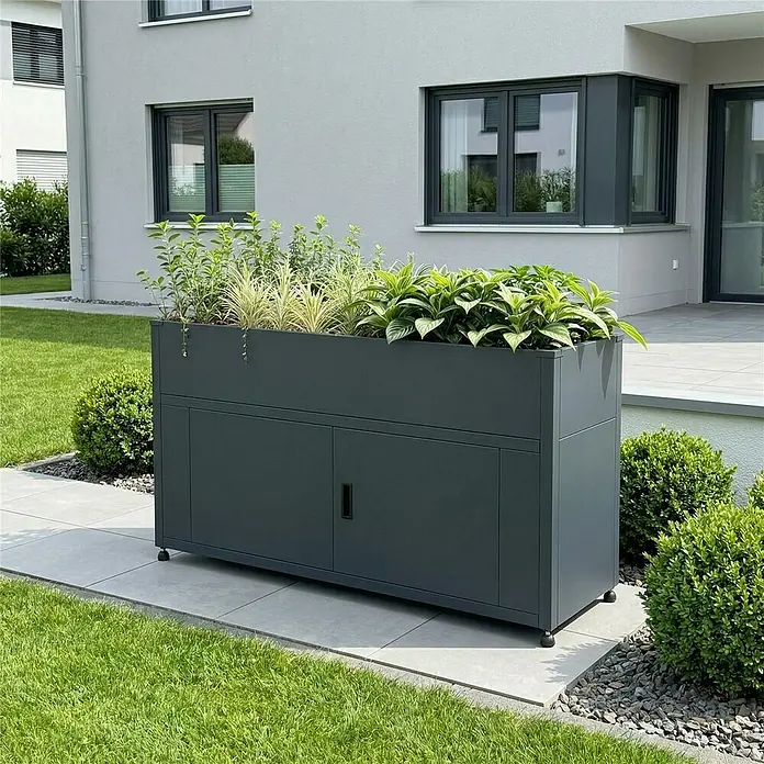 Metzler Hochbeet mit Stauraum - 160 x 50 x 85 cm, Stahl, Anthrazit - Anthrazitfarbener Outdoor-Pflanzkasten mit integrierten Staufächern und verschiedenen Grünpflanzen, auf Rollen.