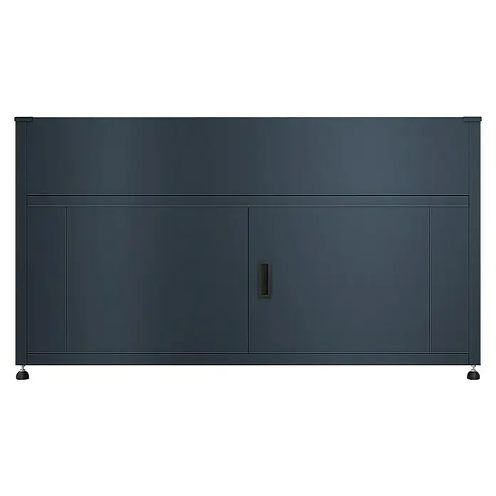 Metzler Hochbeet mit Stauraum - 160 x 50 x 85 cm, Stahl, Anthrazit - Dunkelgrauer Metall-Schrank mit zwei Türen, oberer horizontaler Blende und schwarzem Griff, auf verstellbaren Füßen.