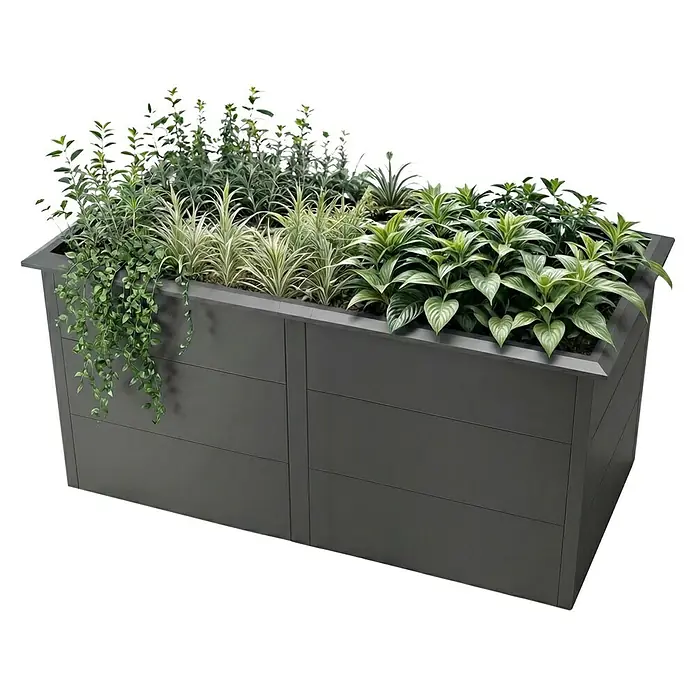 Metzler Hochbeet - 206 x 106 x 77 cm, Stahl, Eisenglimmer - Großer rechteckiger Pflanzkübel in Dunkelgrau, gefüllt mit verschiedenen Grünpflanzen.