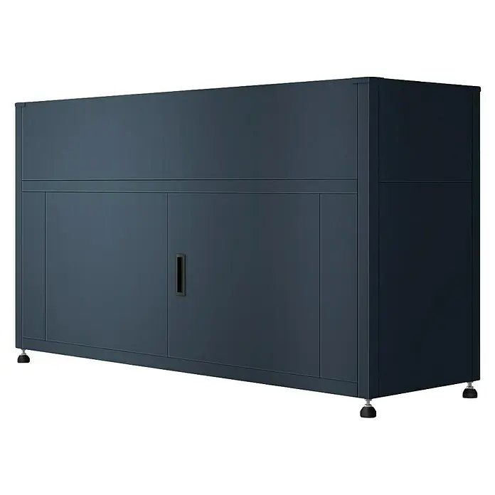 Metzler Hochbeet mit Stauraum - 160 x 50 x 85 cm, Stahl, Anthrazit - Dunkelgrauer Metallschrank mit mehreren Fächern und vertieftem Griff, auf kleinen schwarzen Füßen.