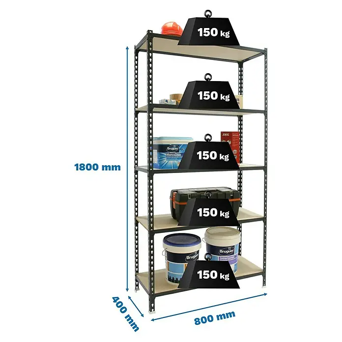 Simonrack Maderclick Metallregal Maderclick Mini - H x B x T: 180 x 80 x 40 cm, Traglast pro Boden: 150 kg, Anzahl Böden: 5 Stk., Stecken, Anthrazitgrau - Schwarzes Metallregal mit 5 Ablagen, 1800 mm hoch, 800 mm breit, 400 mm tief. Jede Ablage trägt 150 kg.