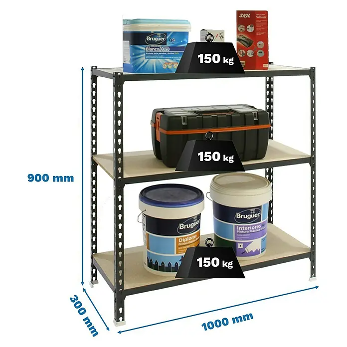 Simonrack Maderclick Metallregal Maderclick Plus - H x B x T: 90 x 100 x 30 cm, Traglast pro Boden: 150 kg, Anzahl Böden: 3 Stk., Stecken, Anthrazitgrau - Schwarzes Metallregal mit drei Fachböden, 900x1000x300mm, jedes Fach bis zu 150 kg belastbar, mit Farbeimern und Werkzeugen.