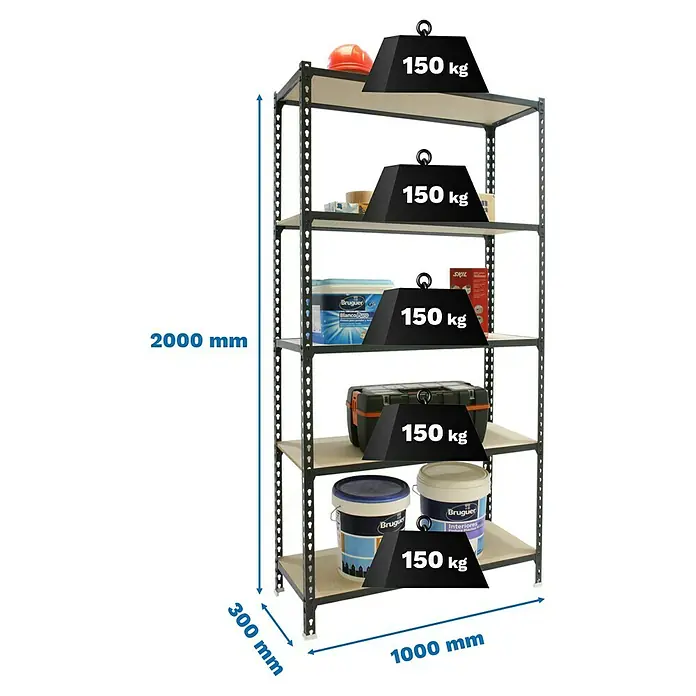 Simonrack Maderclick Metallregal Maderclick Plus - H x B x T: 200 x 100 x 30 cm, Traglast pro Boden: 150 kg, Anzahl Böden: 5 Stk., Stecken, Anthrazitgrau - Schwarzes Metallregal, 2000x1000x300mm, 5 Böden, je 150kg Tragkraft.